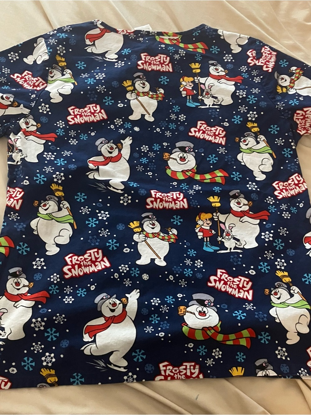 Frosty the Snowman V-Neck Medical Scrub Top Size M Navy Blue Christmas Holiday - Picture 12 of 16